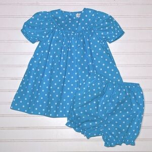 PETIT AMI Baby Girls Blue Polka Dot Dresss Bloomers Matching Set
